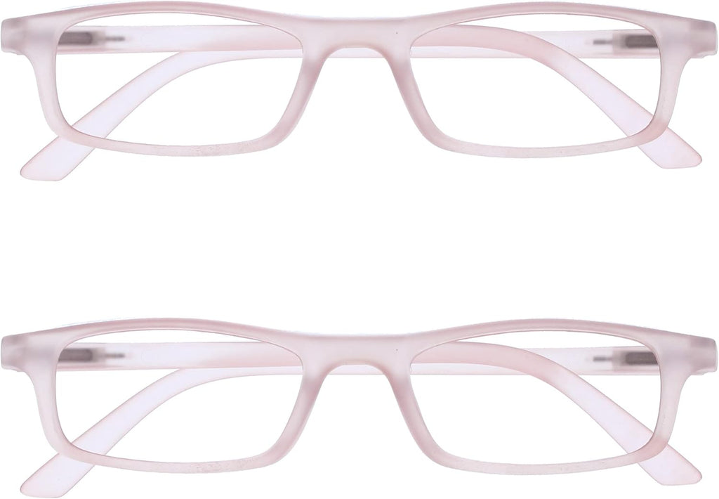 OPULIZE TED Reading Glasses for Women Men, Lightweight Narrow Rectangular Matt Frame with Spring Hinges, Baby Pink +1.50 (Pack of 2)