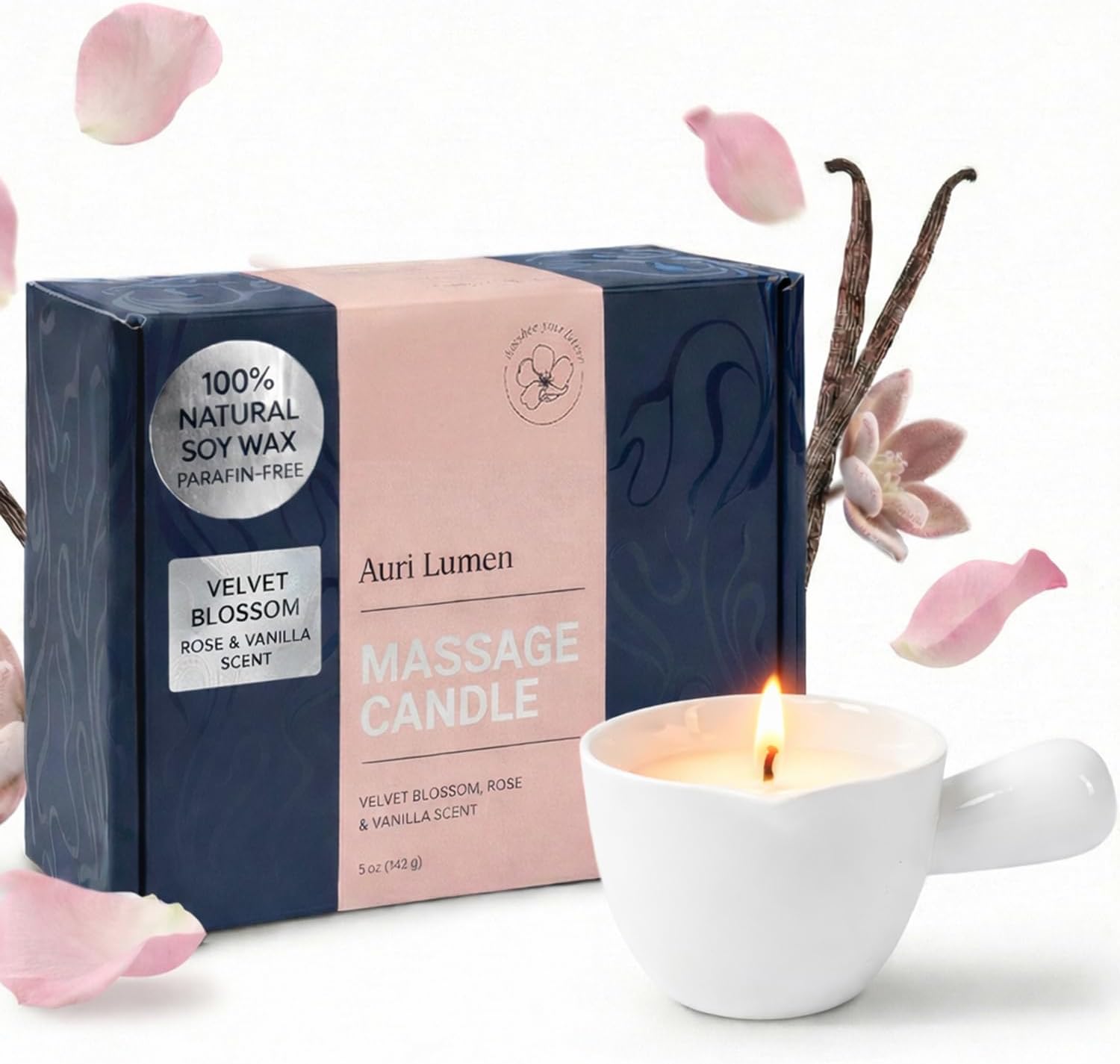 Massage Candle – Soy Wax Candle that Melts Into Warm Massage Oil, Body Oil Candle, Rose & Vanilla Scent, Ceramic Pour Cup (5 oz)
