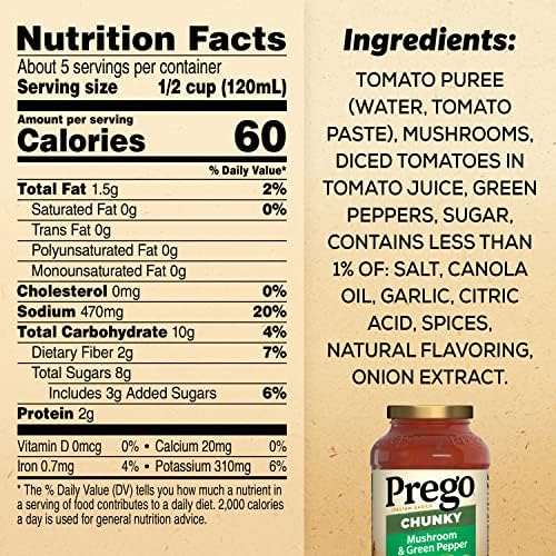 Prego Chunky Mushroom and Green Pepper Pasta Sauce, 23.75 Oz Jar