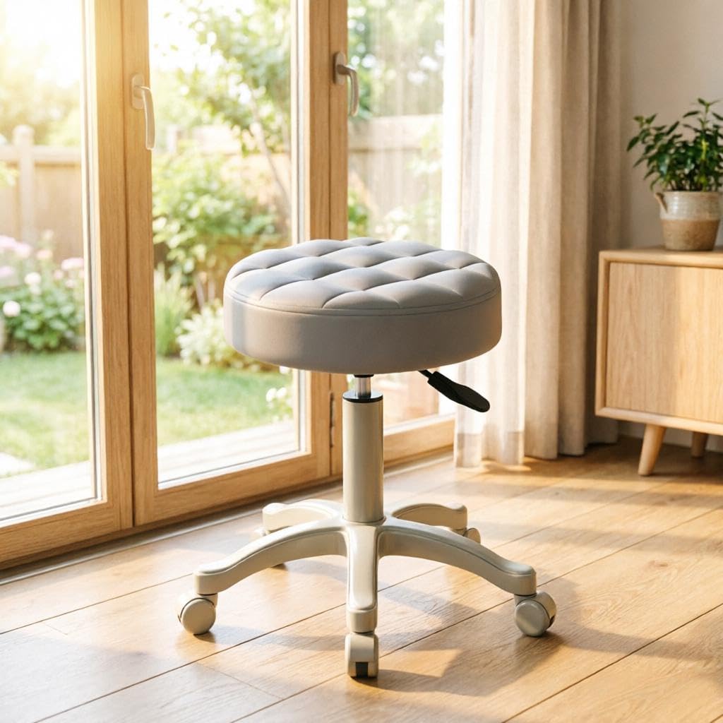 Round Rolling Stool Chair | Faux Leather | Height Adjustable Swivel Drafting Work SPA Medical Salon Stools | with Wheels | Office Chair Small | Soft Cushion (Grey)