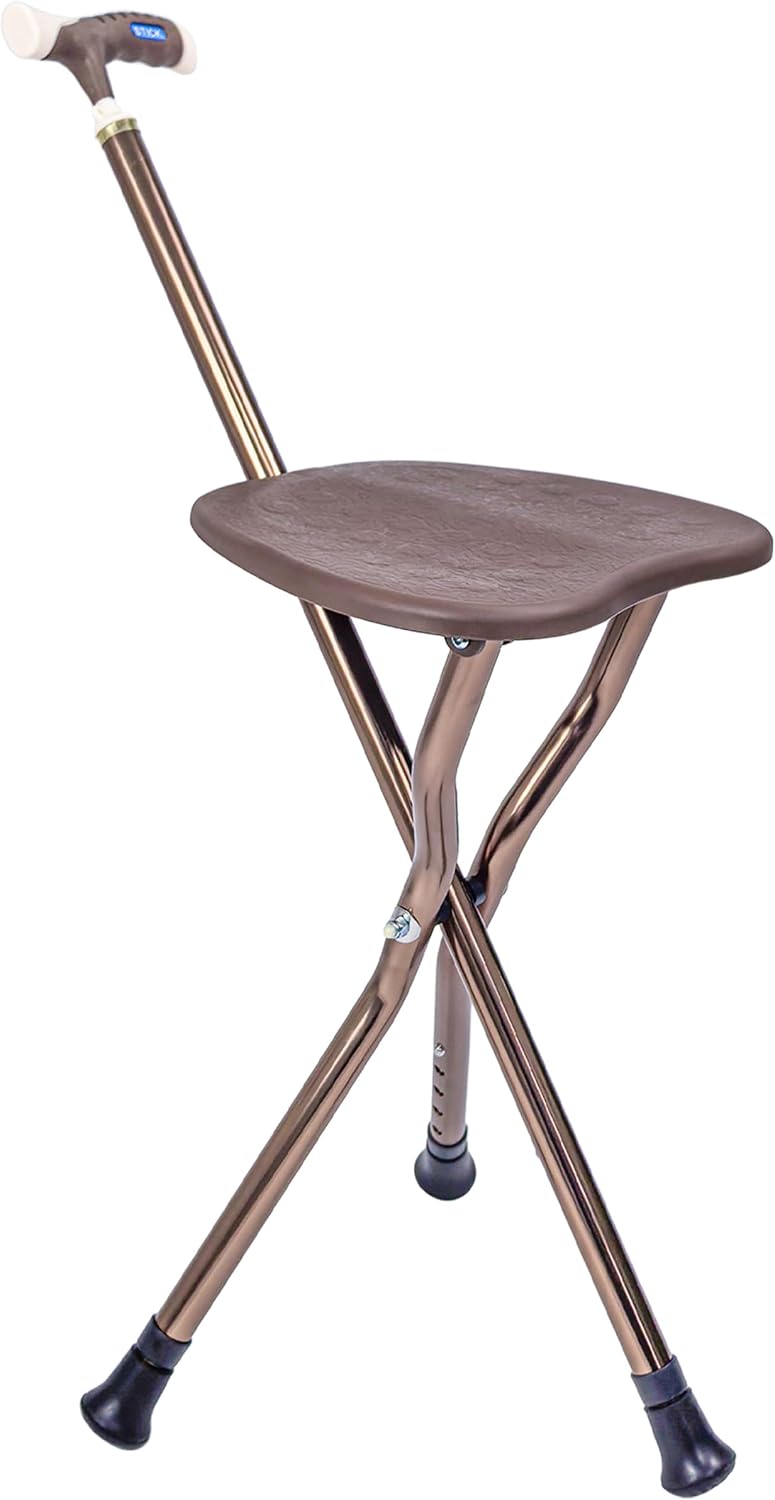 UNLICON-Brown Folding Cane Stool with Seat – Lightweight Adjustable Walking Cane for Seniors, Ergonomic Design, 330 lbs Capacity, Portable and Convenient Cane Chair with Anti-Slip Feet
