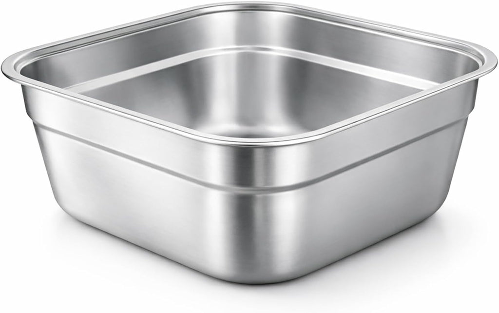 Stainless Steel Washing Up Bowl, Large Square Dish Tub for Kitchen Sink, 11.3 in Width Vegetable Washing Basin with Smooth Rim, Stable Flat Bottom Container for Home Cleaning
