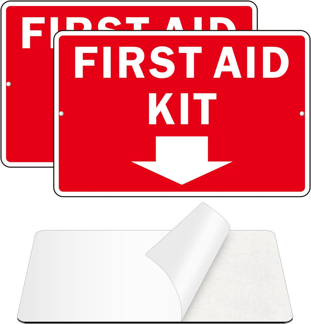 First Aid Sign, (2 Pack) Self Adhesive First Aid Kit Sign for Wall, Aluminum Metal Signs With 2 Pre-drilled Holes (9 x 6 inches, Red/White)