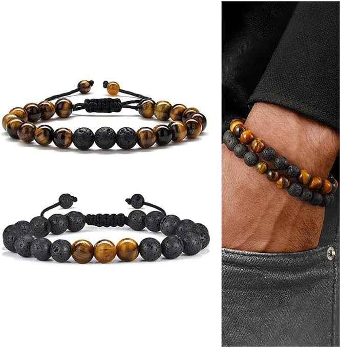 M MOOHAM Beaded Bracelets Set for Men Teen Boys - Beaded Natural Stone 8mm Tiger Eye Matte Agate Lava Rock Bracelets for Men Teen Boys Dad Grandpa Birthday Gifts Jewelry