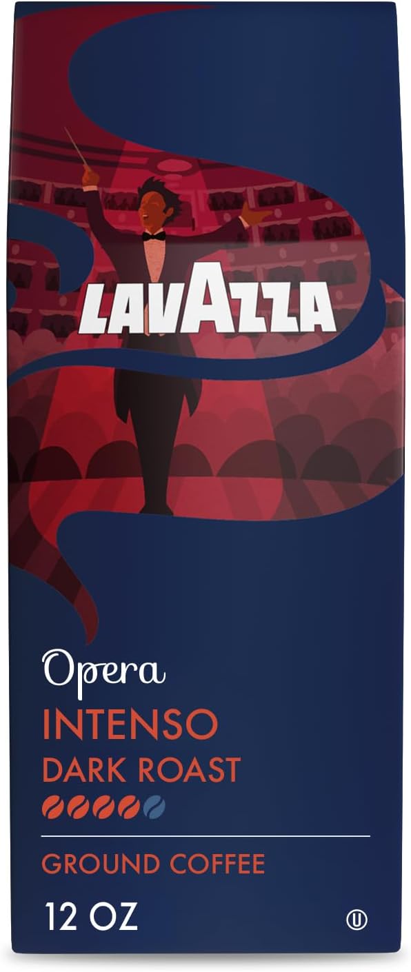 Lavazza Opera Intenso Ground Coffee 12oz Bag, Dark Roast, Bold and Balanced Taste, Intensity 4/5, Arabica and Robusta, Ideal for Drip Brewers, (Pack of 1) - Package May Vary