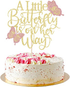 A Little Butterfly is on Her Way Cake Topper,Butterfly Themed Cake Decoration,Great for baby shower, welcome baby,gender reveal party decoration supplies (gold)