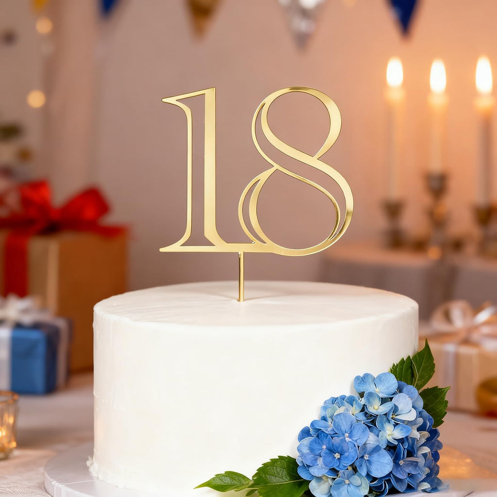 Gold Acrylic Number 18 Cake Topper, Happy 18th Birthday Cake Decoration, Eighteen Years Old Cake Pick Decoration For 18th Anniversary Celebrating Party Supplies, 6.4 inches (18)