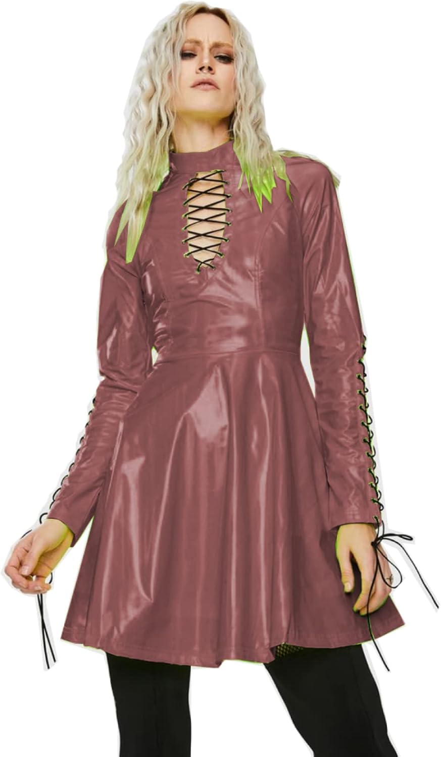 Women PVC Long Sleeve Dress Vinyl Hollow Out A-Line Dress High Waist Above Knee Mini Party Dress,Dark Red,XL