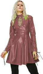 Women PVC Long Sleeve Dress Vinyl Hollow Out A-Line Dress High Waist Above Knee Mini Party Dress,Dark Red,XL
