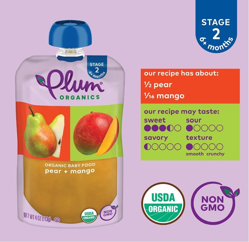 Plum Organics - 6+ Months Organic Baby Food Pouches - Pear & Mango - Non-GMO - Fruit & Veggie Blends On-The-Go Pouches for Baby & Toddler Meals - Quality Tested Ingredients - 4 oz (Pack Of 12)