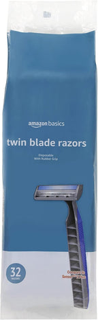 Amazon Basics Twin Blade Pivoting Disposable Razors with Rubber Grip for Great Grip When Wet, Travel-Friendly, 32 Count, 1-Pack (Previously Solimo)