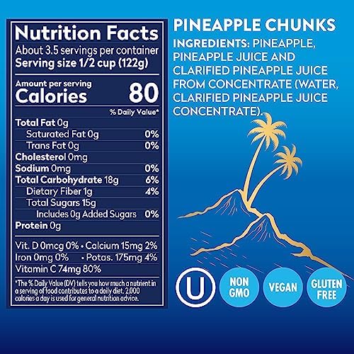 Dole Canned Fruit, Tropical Gold Pineapple Chunks in 100% Pineapple Juice, Gluten Free, Pantry Staples, No Sugar Added, 15.25 Oz, 12 Count