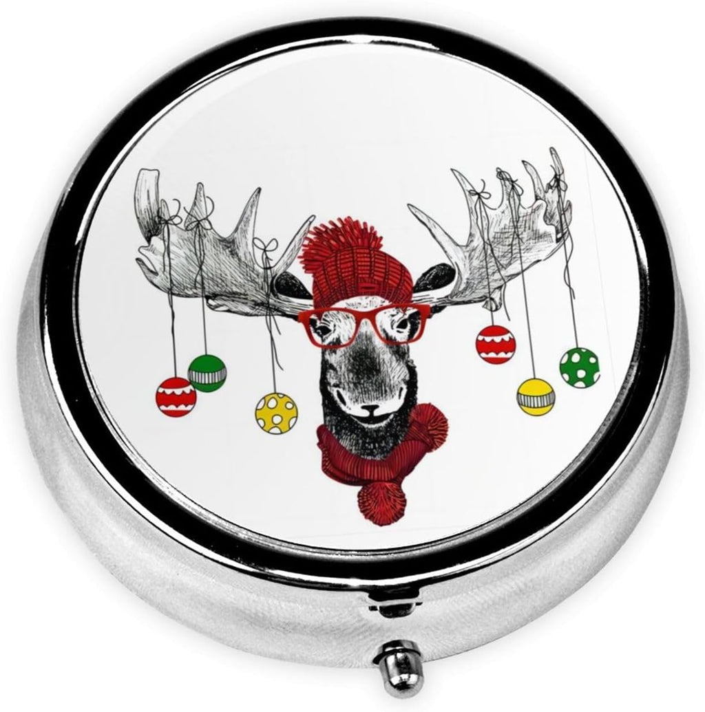 Funny Christmas Moose Printed Round Travel Pill Box Cute Small Metal Pocket Pill Case for Men & Women 3 Compartment Portable Pill Organizer for Purse or Pocket