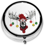 Funny Christmas Moose Printed Round Travel Pill Box Cute Small Metal Pocket Pill Case for Men & Women 3 Compartment Portable Pill Organizer for Purse or Pocket
