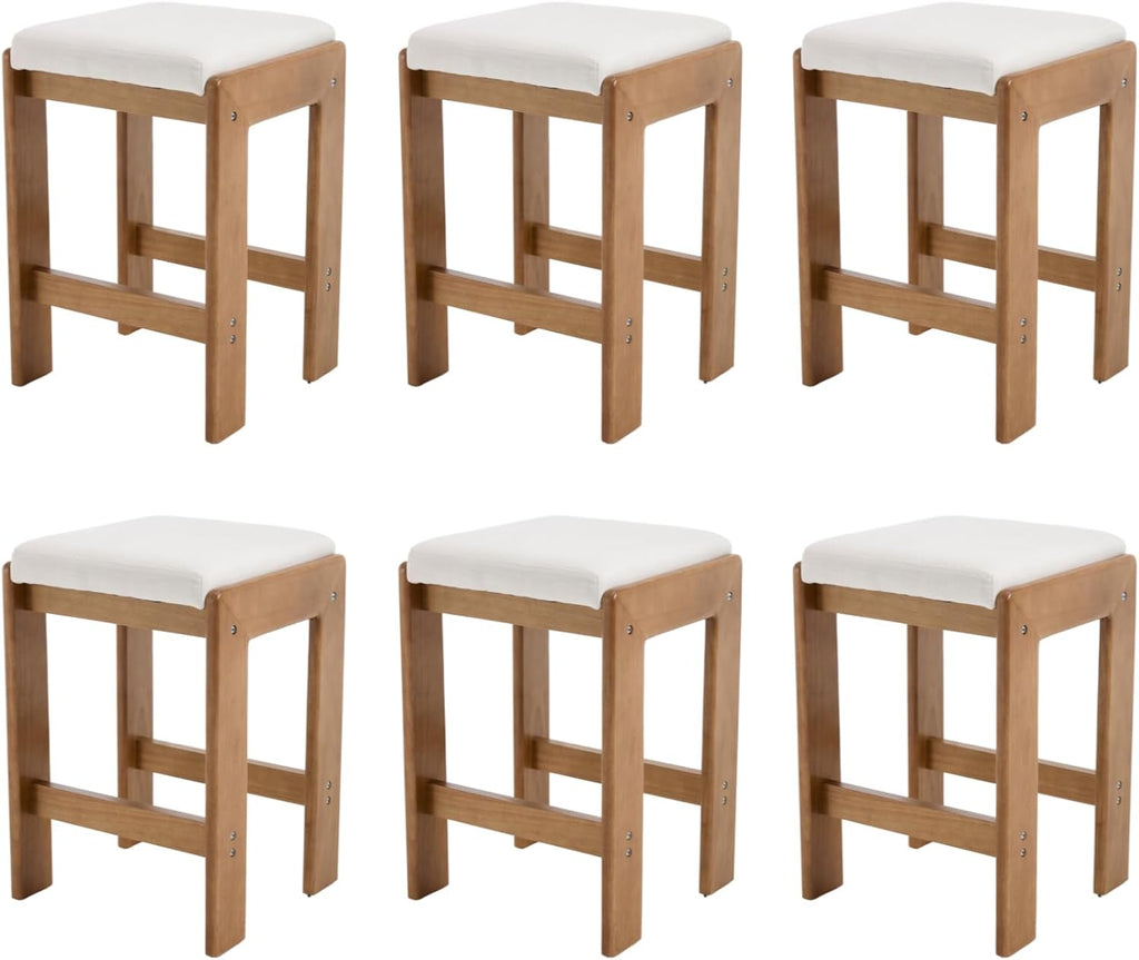 HEAH-YO Modern Bar Stools Set of 6, 27 Inch Saddle Counter Stools with Natural Wood Legs, Backless Kitchen Stool for Island, Linen Beige