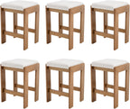 HEAH-YO Modern Bar Stools Set of 6, 27 Inch Saddle Counter Stools with Natural Wood Legs, Backless Kitchen Stool for Island, Linen Beige
