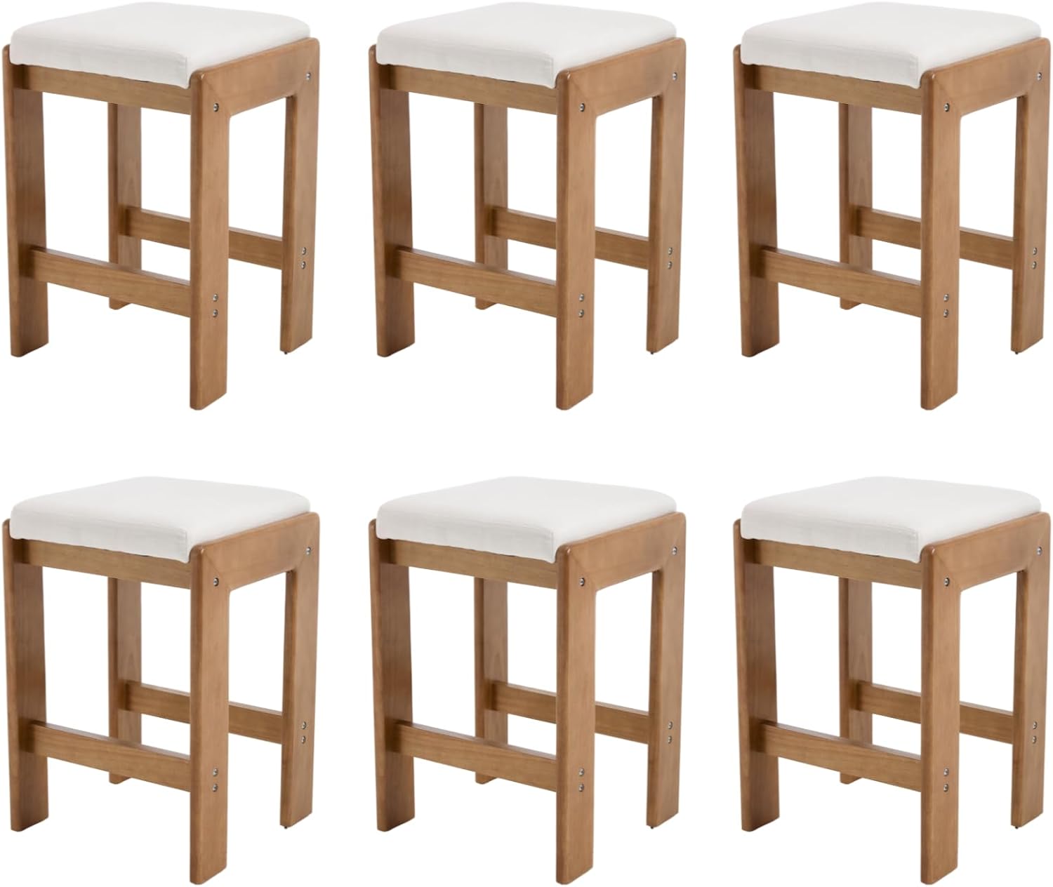 HEAH-YO Modern Bar Stools Set of 6, 27 Inch Saddle Counter Stools with Natural Wood Legs, Backless Kitchen Stool for Island, Linen Beige