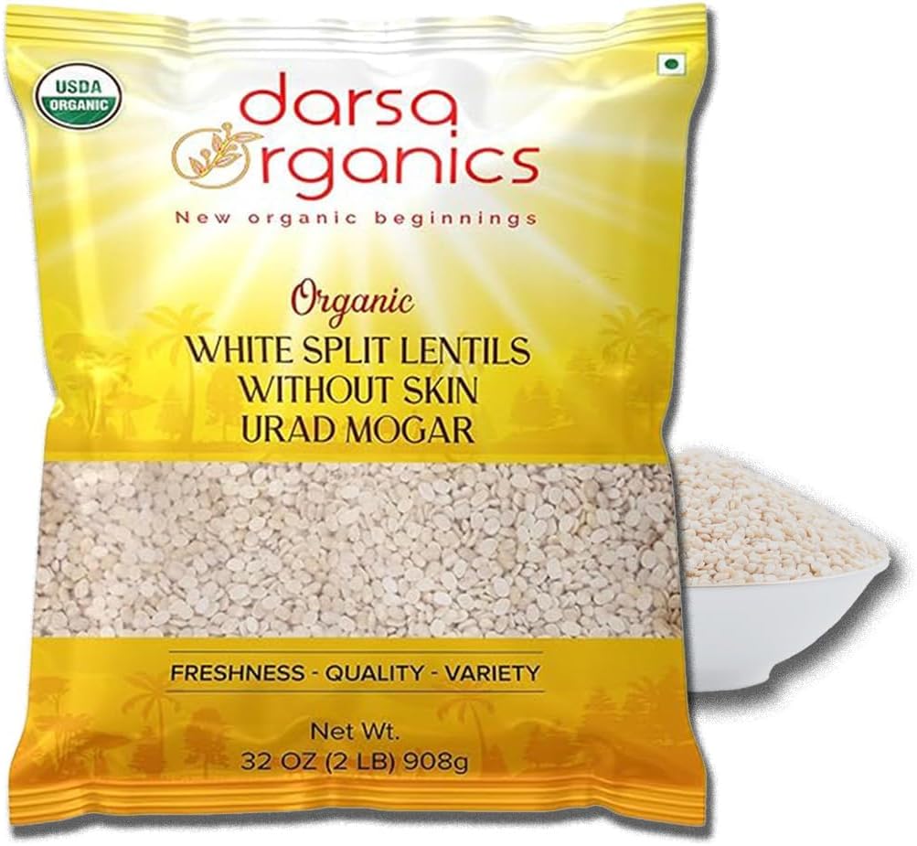 Darsa Organics Urad Dal Split Without Skin (Urad Mogar) 2lb – USDA Organic White Matpe Split Lentils | Non-GMO, Plant-Based Protein, Kosher | Great for Dosa Batter, Soups, & Stews