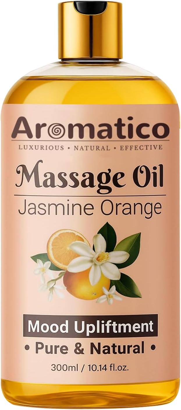 Massage Oil for Massage Therapy with Jasmine & Orange Essential Oils. Infused with Sesame, Almond & Jojoba Oils. Full Body Massage Oil for Mood Upliftment – 10 Fl Oz