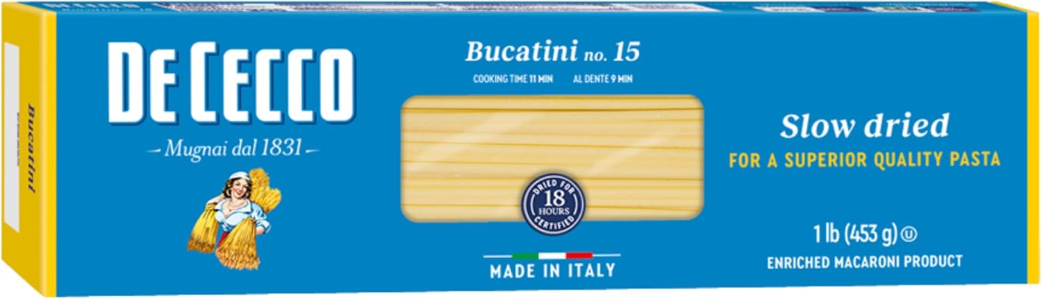 De Cecco Bucatini No. 15 Pasta, 16 Oz, Authentic, Slow Dried, Made with Semolina and Durum Wheat, Versatile Pasta for Sauces & Recipes, Made in Italy