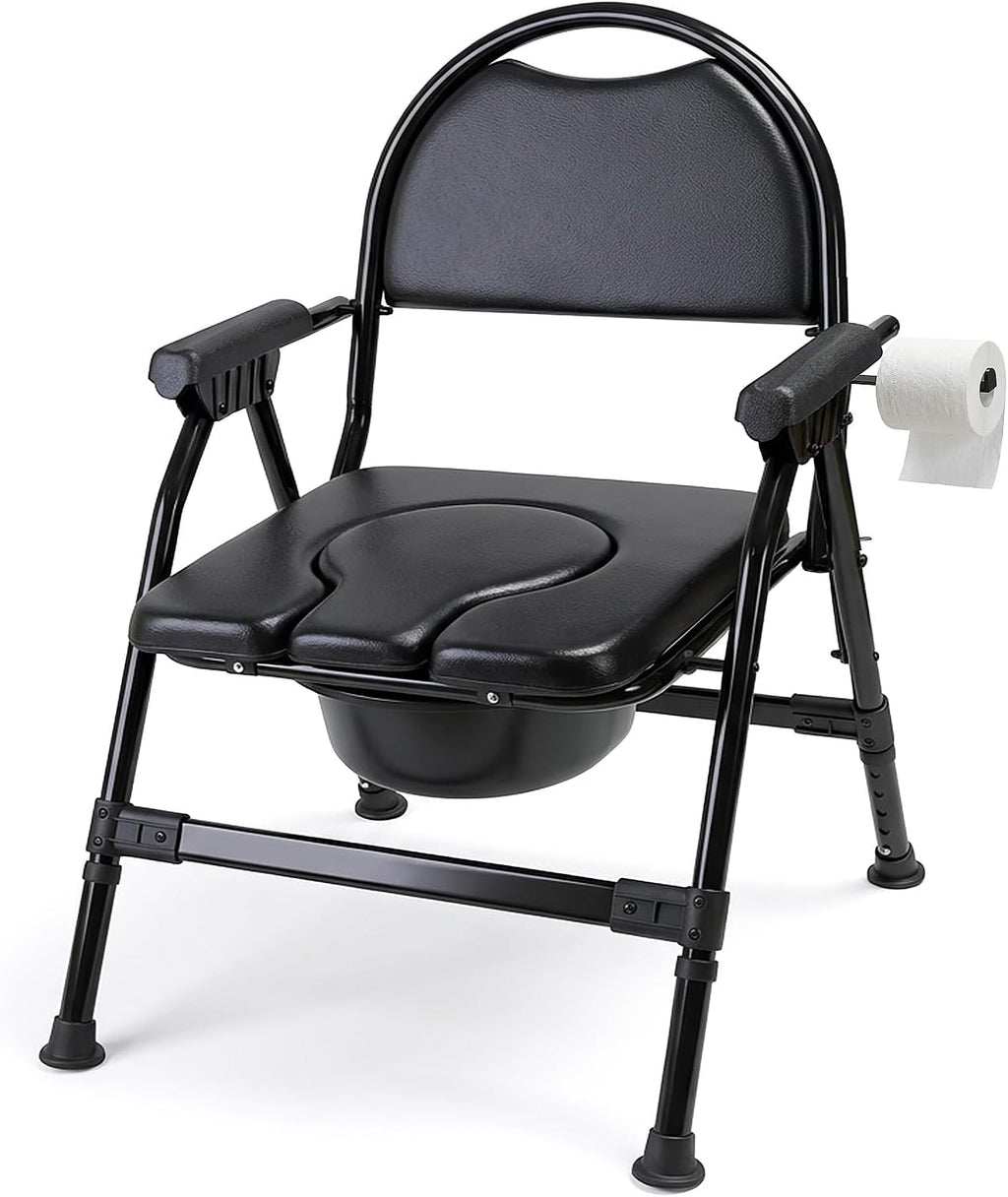 4-in-1 Folding Bedside Commode Chair with Seat Cover, Tool-Free Assembly Portable Toilet for Adults, Adjustable Height Bedside Commode for Seniors with Handles, 330lbs Support (Black)