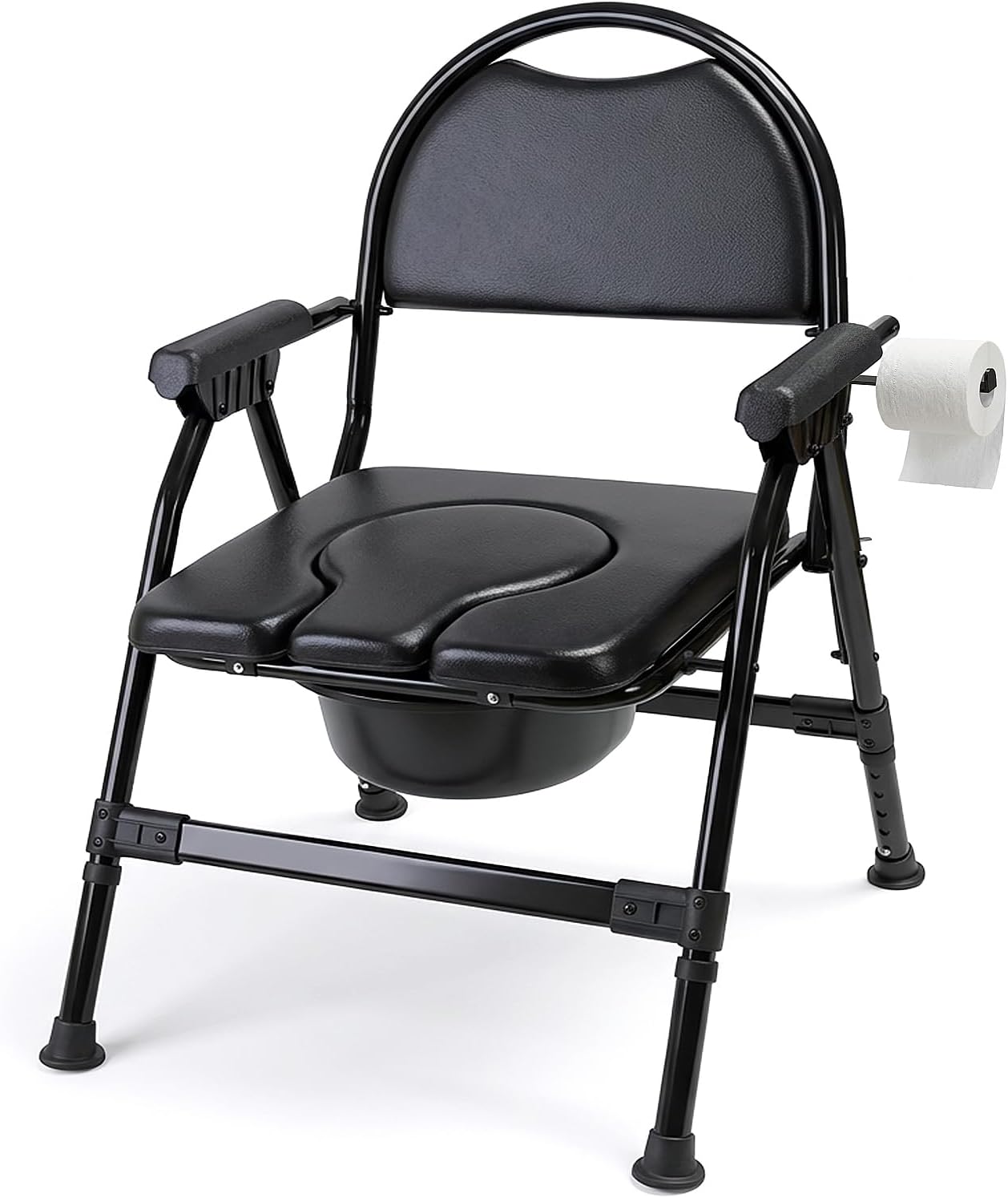 4-in-1 Folding Bedside Commode Chair with Seat Cover, Tool-Free Assembly Portable Toilet for Adults, Adjustable Height Bedside Commode for Seniors with Handles, 330lbs Support (Black)