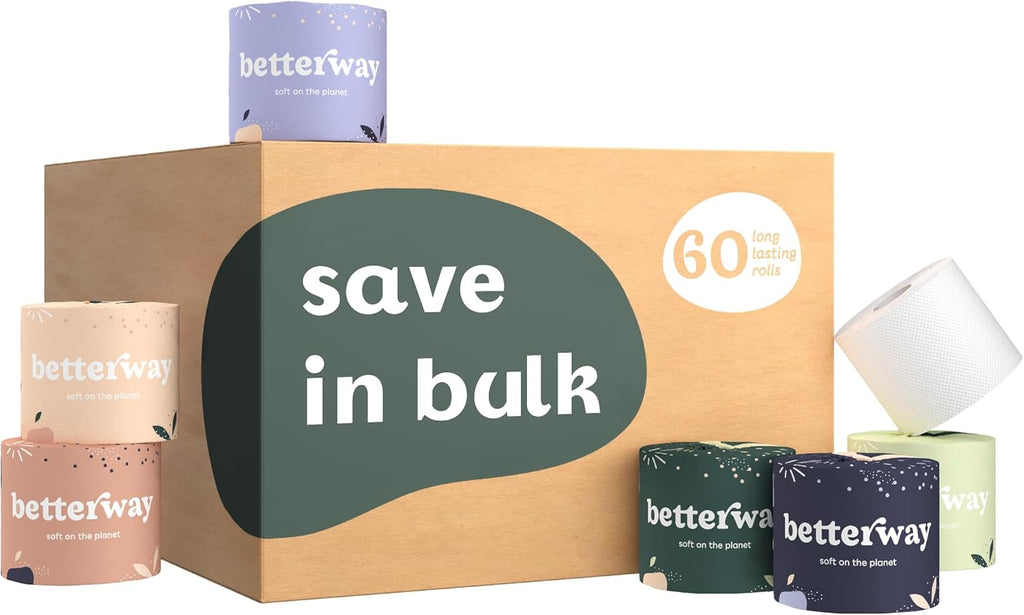 Betterway Bamboo Toilet Paper 3 Ply - Sustainable Toilet Tissue - 60 Long-Lasting Rolls - 360 Sheets Per Roll - Septic Safe - Organic, Plastic Free - FSC Certified - PFAS Free