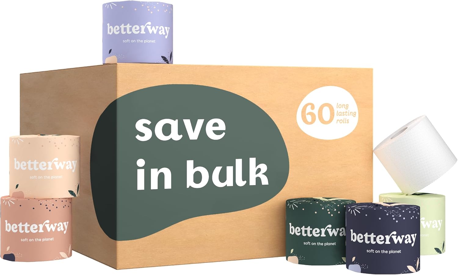 Betterway Bamboo Toilet Paper 3 Ply - Sustainable Toilet Tissue - 60 Long-Lasting Rolls - 360 Sheets Per Roll - Septic Safe - Organic, Plastic Free - FSC Certified - PFAS Free