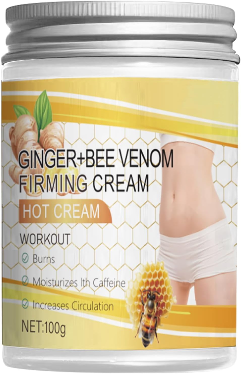 Ginger Bee Venom Hot Cream，Skin Firming Cream for Body - Sweat Enhancer，Promote Blood Circulation，Shaping & Long-Lasting Moisturization，Suitable for All Skin Types（100g）