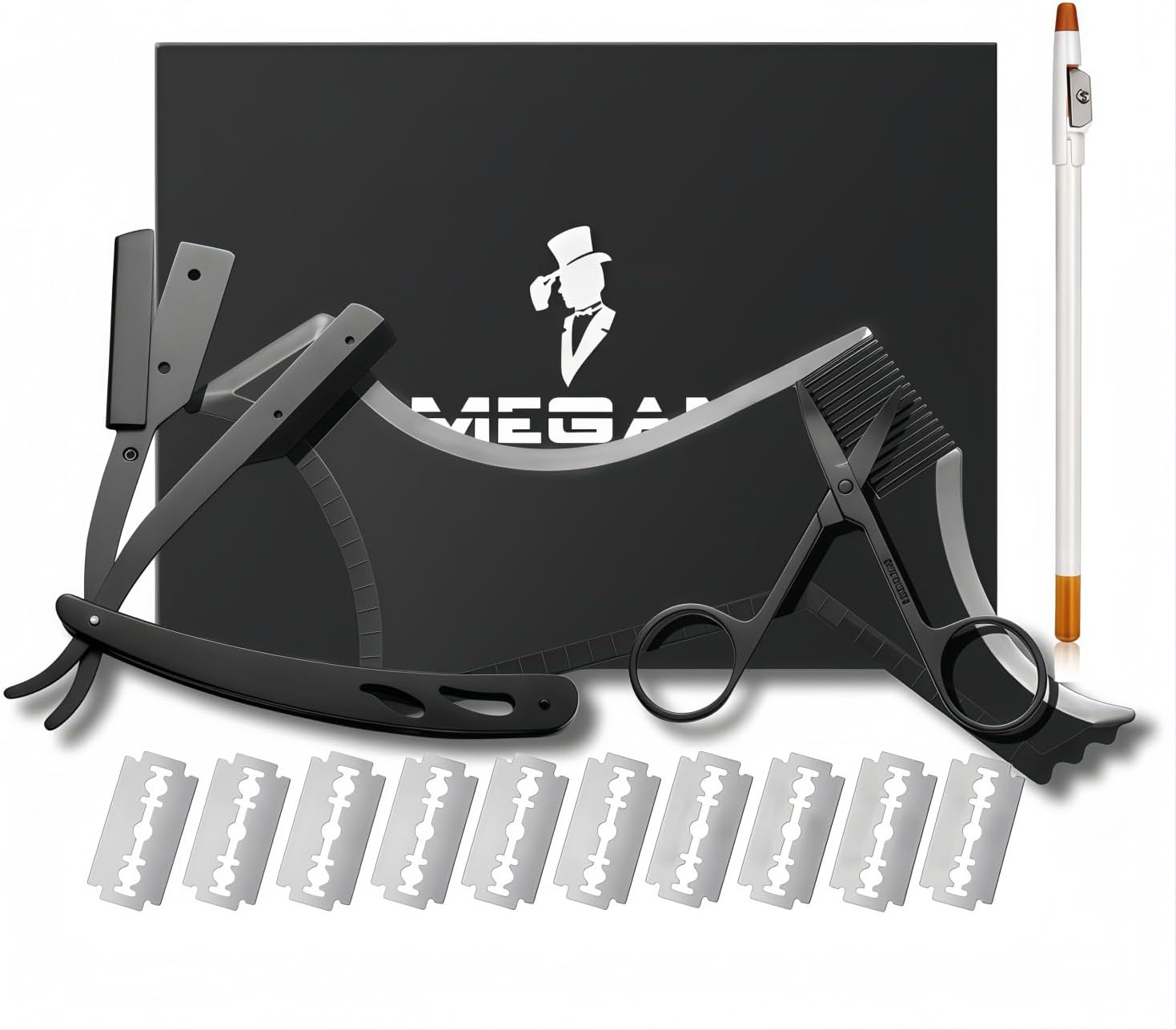 Megan beard shaping tool,5 piece set beard shaper for man - include professional straight edge razor,template guide,10 count of double edge blades,barber pencil and stainless steel scissors.