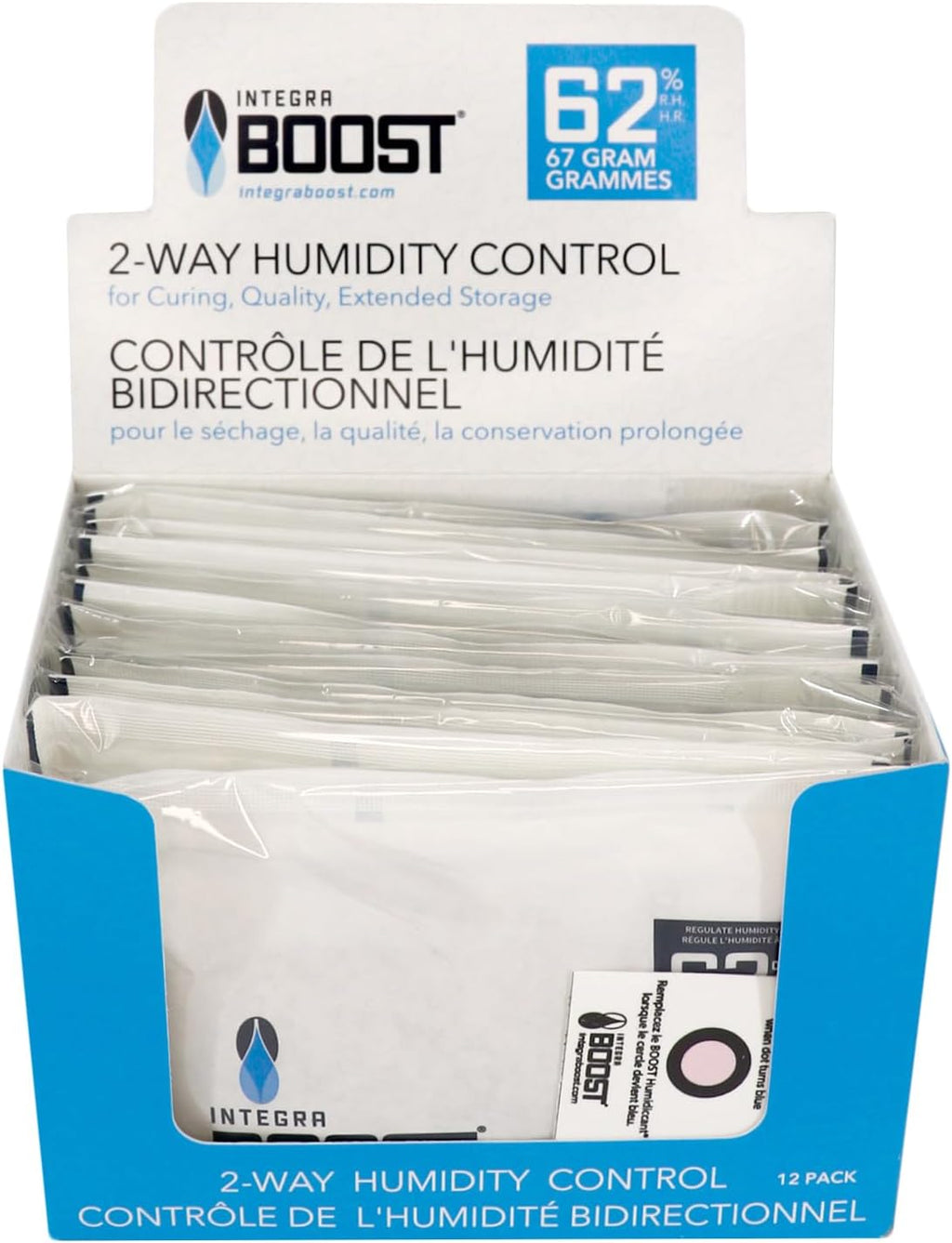 Integra Boost - 62% RH Level - 67 Gram Size - Two-Way Humidity Control Pack - Incl. Replacement Indicator Cards - Food Storage & Herbs Moisture Balancer For Up to 1 LB (Pack of 12)