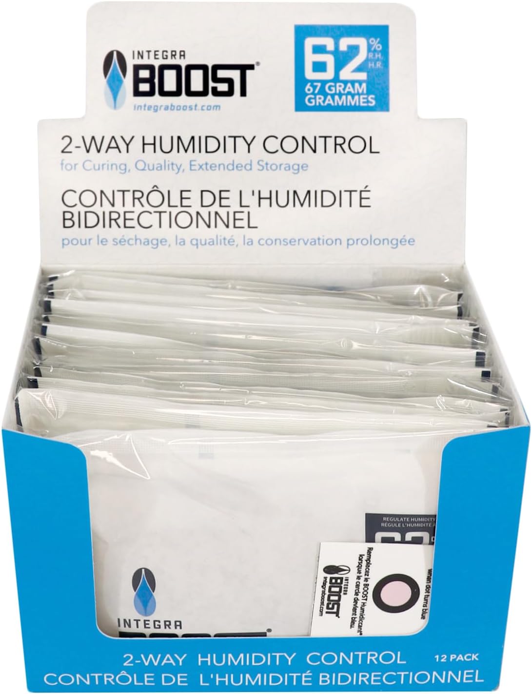 Integra Boost - 62% RH Level - 67 Gram Size - Two-Way Humidity Control Pack - Incl. Replacement Indicator Cards - Food Storage & Herbs Moisture Balancer For Up to 1 LB (Pack of 12)