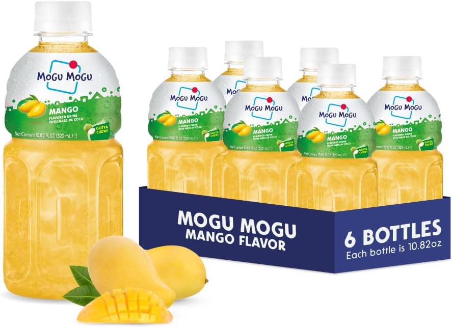 Mogu Mogu Mango Juice Drink with Nata de Coco (Coconut Jelly) – Chewy Fruit Beverage for Kids & Adults, 6 Pack Bottles, 10.82 fl oz Each