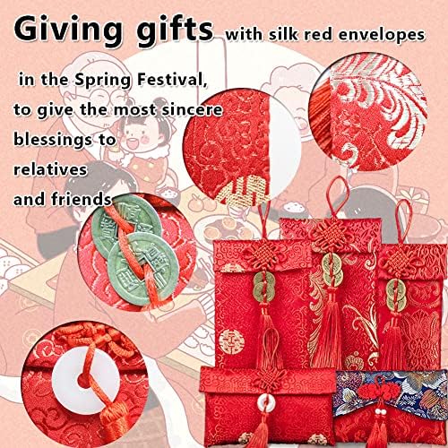 12 Pieces Silk Red Envelope Chinese Red Pocket Lucky Money Hong Bao Card Envelope for Spring Festival Wedding New Year Birthday, 12 Styles with Chinese Knot Jade Pendant Copper Coin