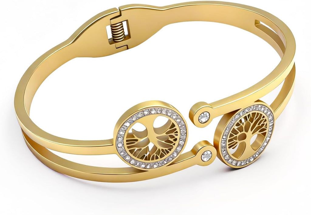 Gold Tree of Life Bangle Bracelet for Women, 18K Gold Plated Stainless Steel Double Layer Spring-Open Bangle, Meaningful Dainty Jewelry Gift