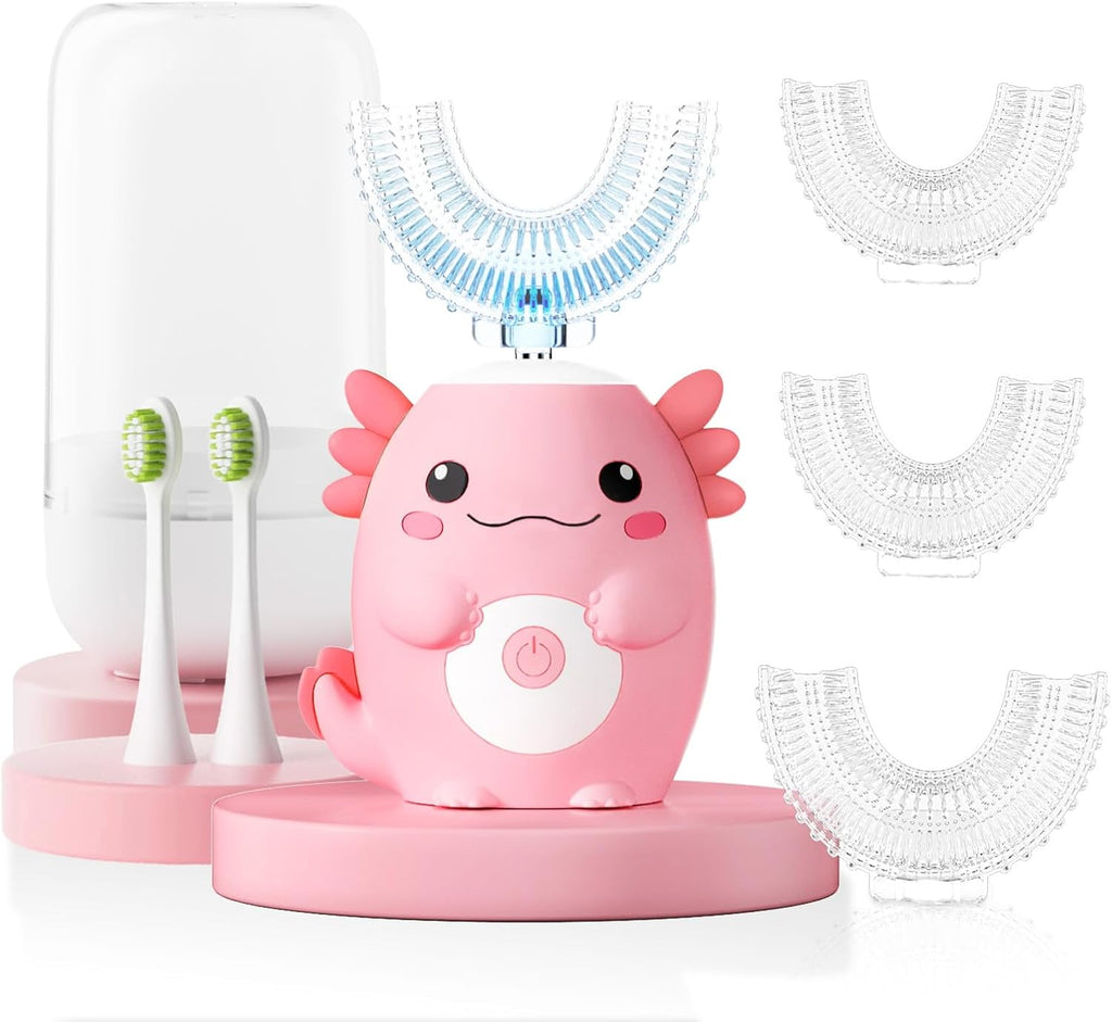 Kids Electric U Shaped Toothbrush - Axolotl Kids Cartoon Sonic Automatic Toothbrush with 6 Brush Heads Full Mouth 6 Cleaning Modes - Age2-15 Pink