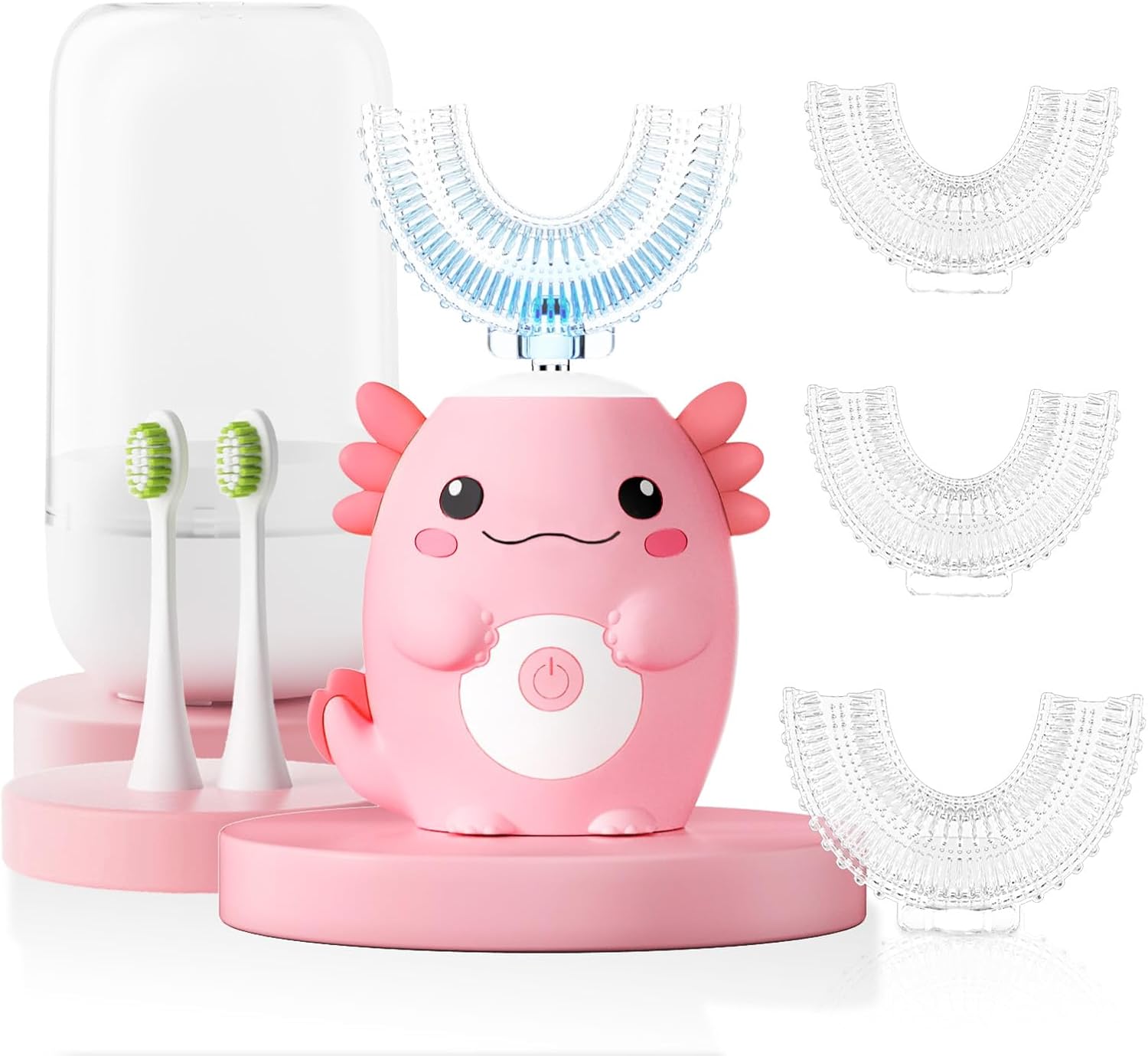 Kids Electric U Shaped Toothbrush - Axolotl Kids Cartoon Sonic Automatic Toothbrush with 6 Brush Heads Full Mouth 6 Cleaning Modes - Age2-15 Pink
