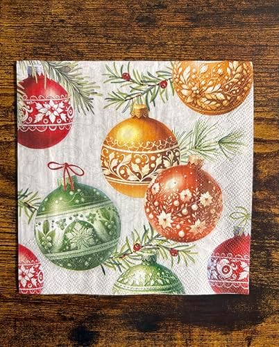 IHR Ideal Home Range Party Napkins Disposable 3-Ply Paper Lunch Napkin Pack, 6.5" x 6.5", Christmas Bubbles (Cream), 20-Count