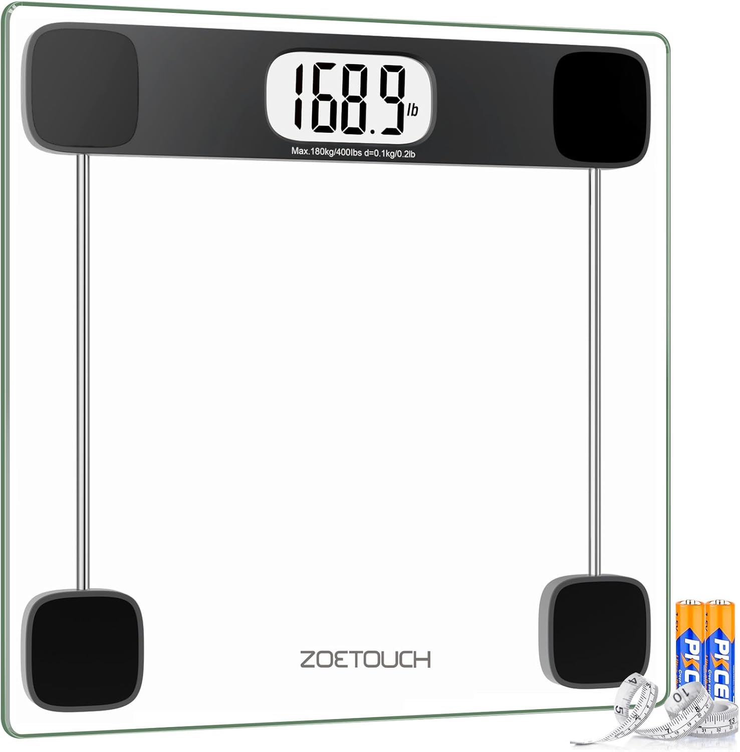 ZOETOUCH Scale for Body Weight, Accurate Bathroom Scales, Digital Weighing Machine for People, 400lb Capacity, LCD Display, Step-On Technology, Tempered Glass, Measuring Tape Included
