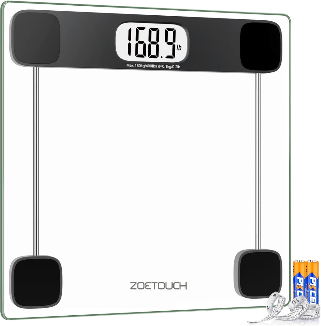 Scale for Body Weight, Accurate Bathroom Scales, Digital Weighing Machine for People, 400lb Capacity, LCD Display, Step-On Technology, Tempered Glass, Measuring Tape Included