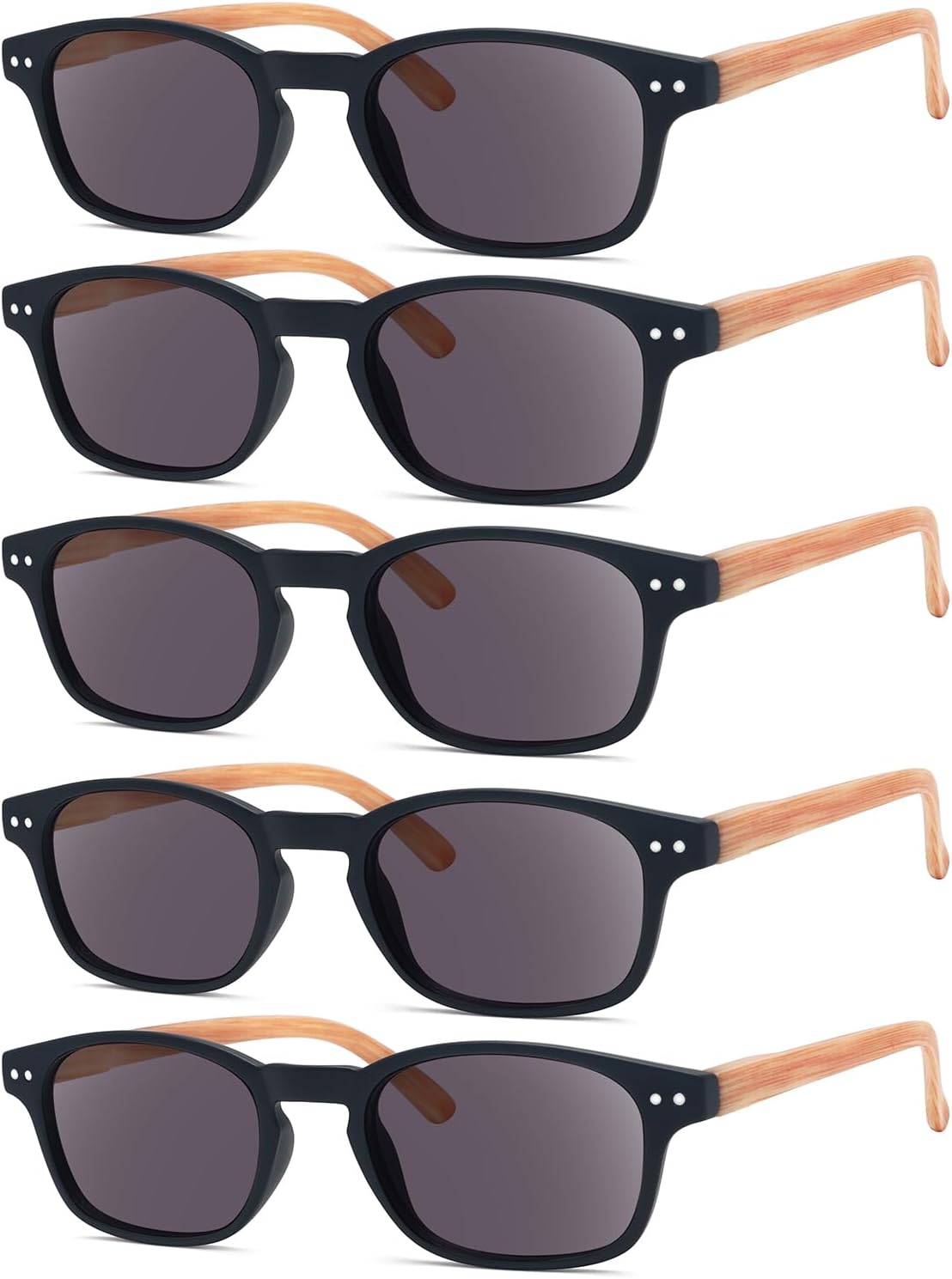 Eyekepper 5-pack Spring Hinge Wood-grain Printed Arms Reading Glasses Sunshine Readers Grey Lens +3.0