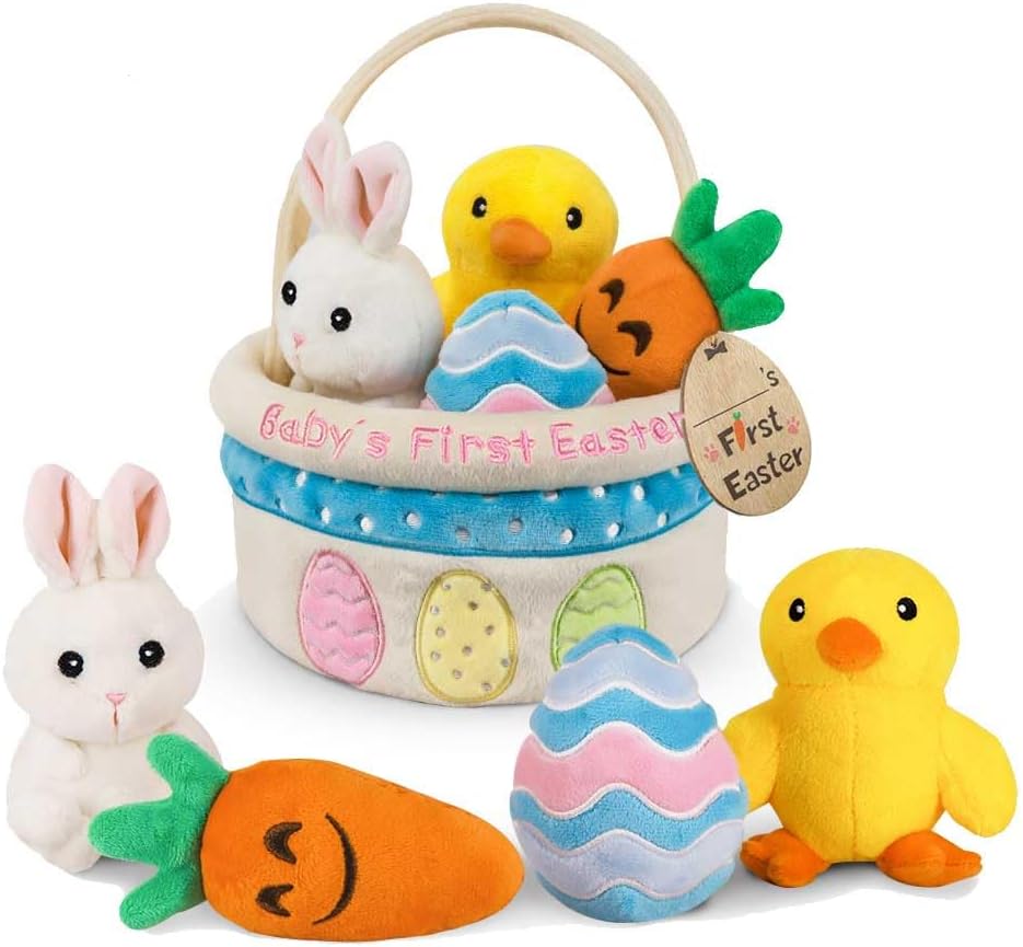 Baby's First Easter Basket Stuffers Playset, 5ct Stuffed Plush Bunny Chick Carrot Egg for Babies Girls Boys Kids Infant Toddler, Personalized Easter Decorations Gifts Party Supplies