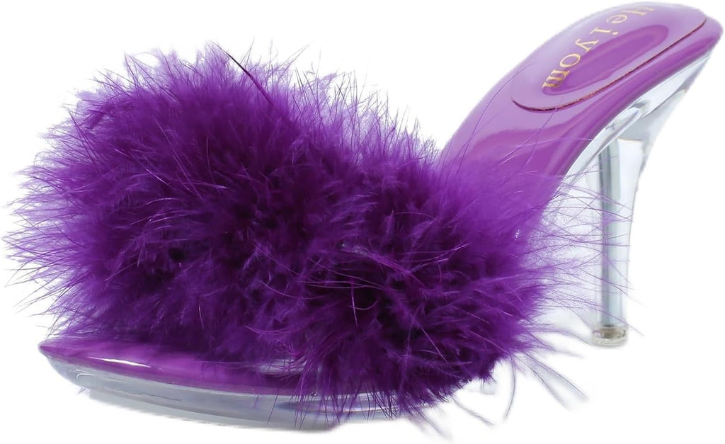 Heiyom Women's Fuzzy Slippers Clear Heels Pointed Toe Stilettos Heels Mules Sandals Fluffy Feather Slip On High Heeled Party Prom Dresses Shoes