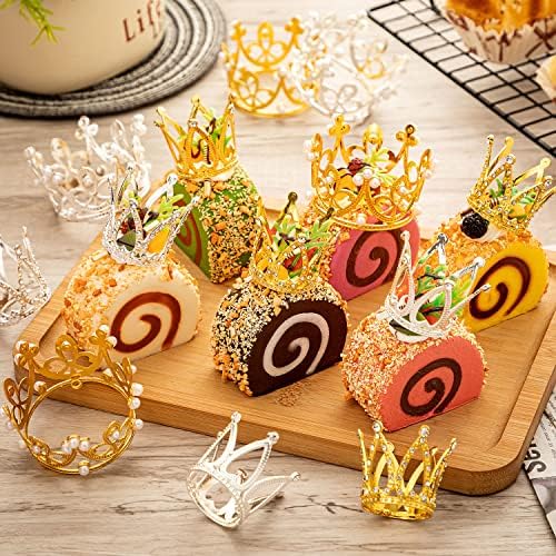 15Pcs Crown Cake Topper, Gold Silver Mini Crowns, Small Crystal Pearl Cupcake Toppers for Flower Arrangements Cupcake Baby Shower Birthday Party Wedding Decor