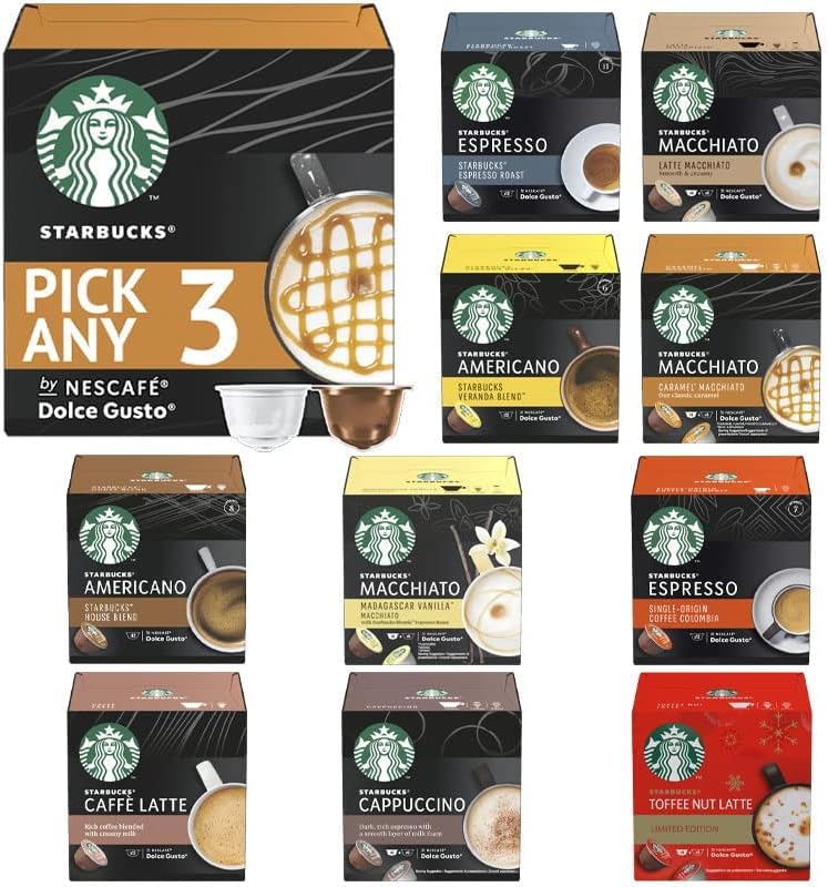 Starbucks Coffee Pods by Nescafe Dolce Gusto Pick Any 3 Packs from 7 Blends Including: Latte, Cappuccino, Espresso, Caramel, Grande and Many More