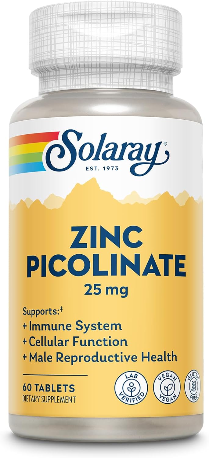 SOLARAY Zinc Picolinate 25 mg - Zinc Supplements for Men and Women - Immune Support Supplement - Vegan, Gluten Free, Lab Verified - 60-Day Guarantee - 60 Servings, 60 Tablets