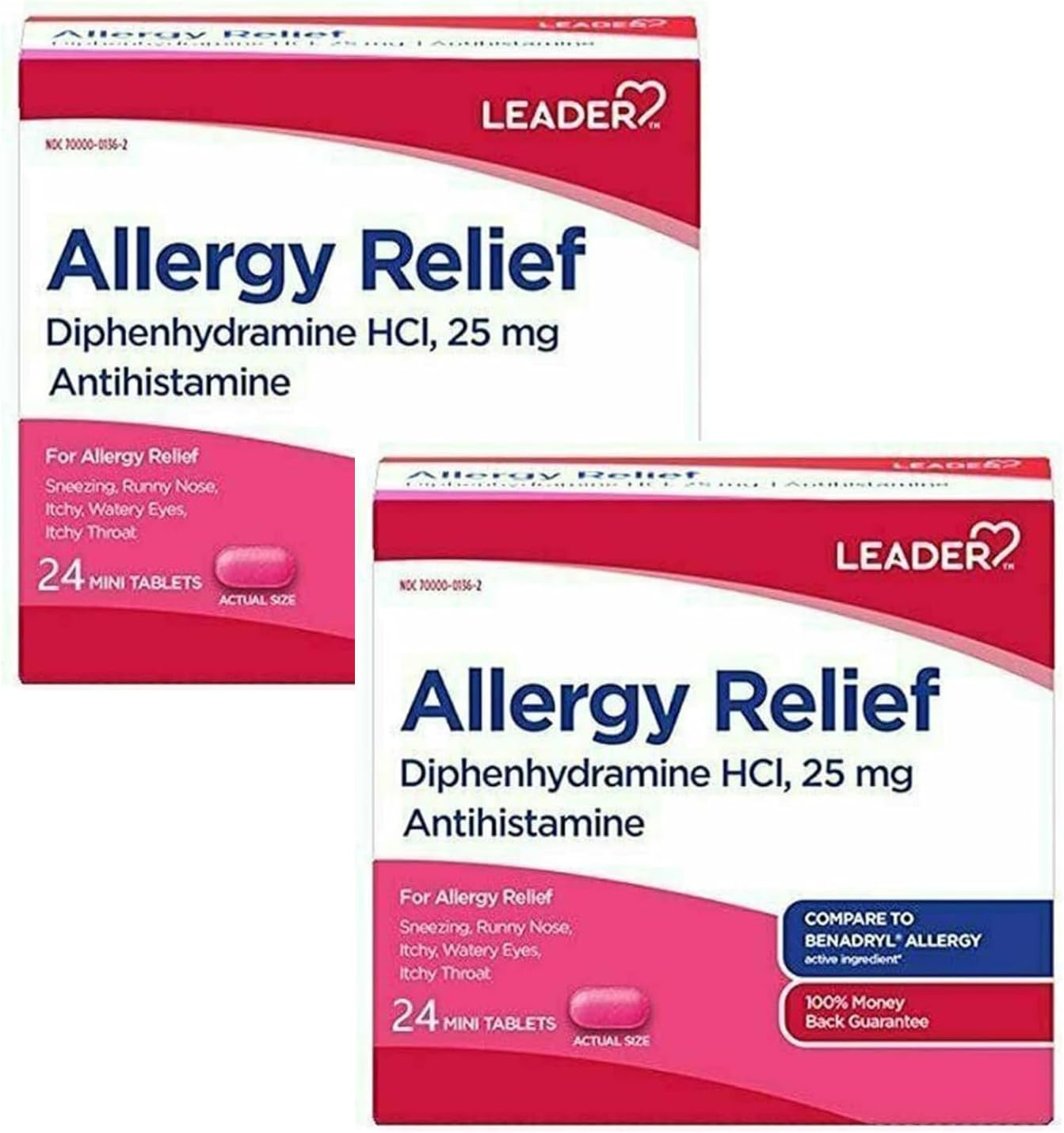 Leader Antihistamine Allergy Relief Diphenhydramine HCl, 25mg Mini Tablets, 24 Count Pack of 2