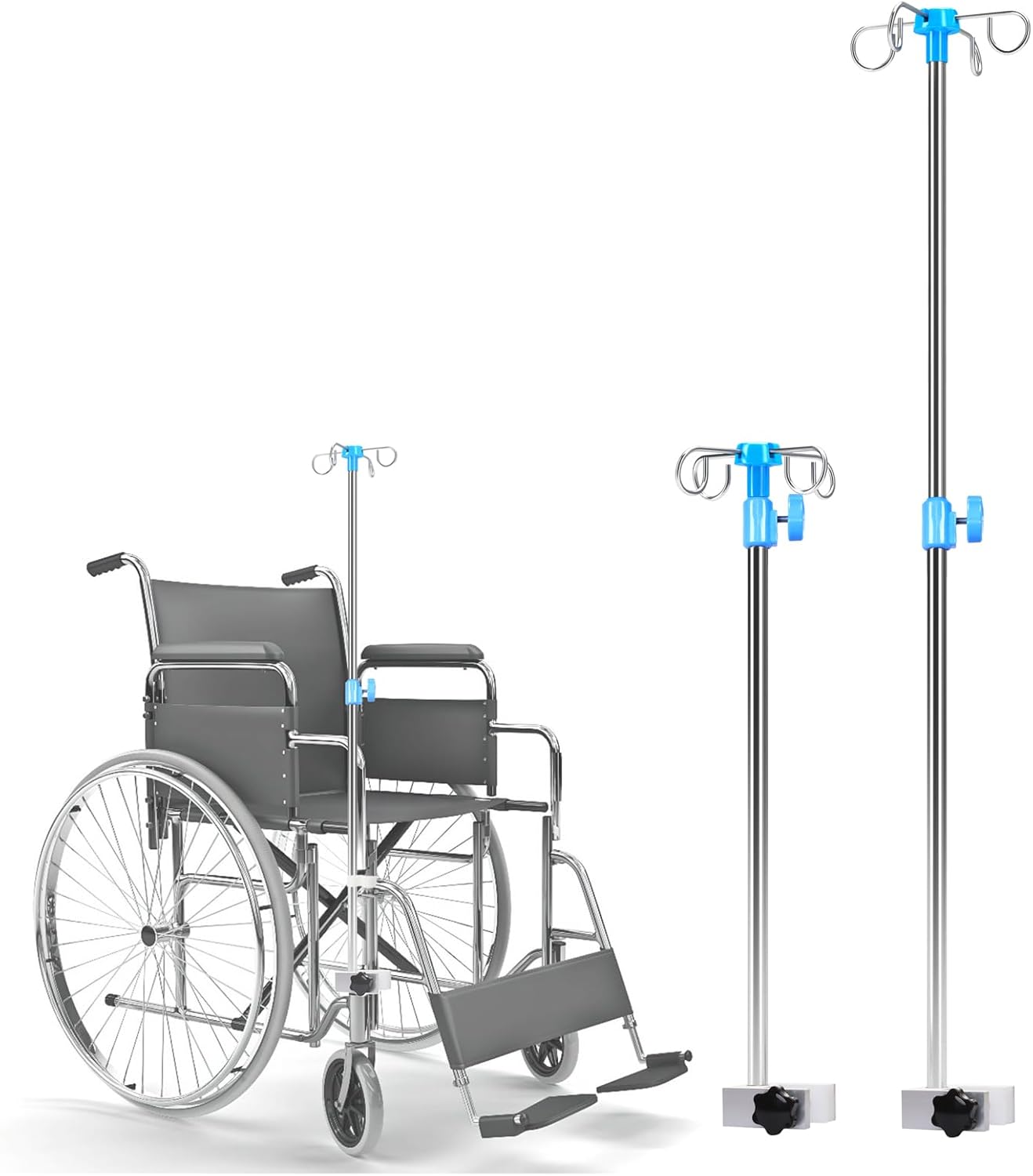 IV Poles for Wheelchair Infusion Stand, Medical Grade Reinforced Stainless Steel Portable IV Stand with 4 Hooks and Solid Metal Base, Telescopic Iv Pole Adjustable Height 29.5-52.5 Inches