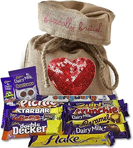 Cadbury Selection of 10 Full Size British Chocolate Bars in Burlap Bag with handmade Sequin Heart