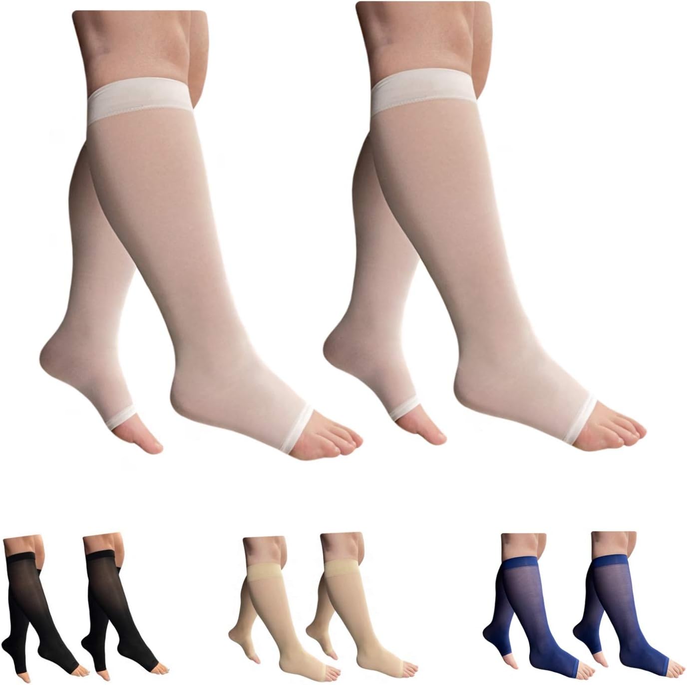 HealthyNees 2 Pair 8-15 mmHg Sheer Compression Leg Calf Shin Thin Open Toe Socks
